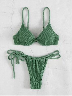 Textured Green Tie-Side Bikini Set - Women's Swim